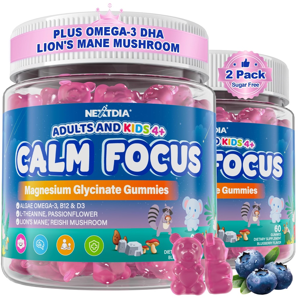 Focus Gummies for Kids & Adults, w/Magnésium Glycinate, Omega-3 DHA, Lion's Mane, L-Theanine, Méthyl B12 & Vitamine D3, Supplément Cerveau Soutien Calme, Sommeil, Attention, Concentration et Mémoire, 120Cts