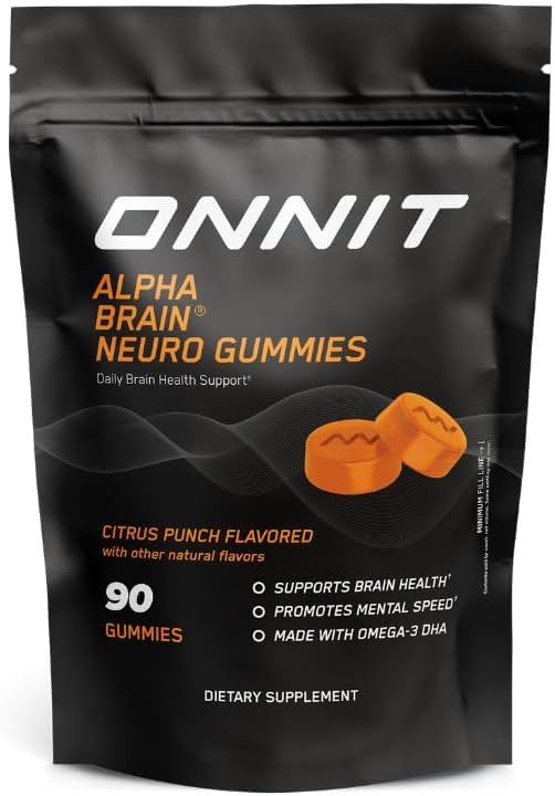 ONNIT Alpha Cerveau Neuro Focus Gummies, IGEN Non-OGM testé Gummes végétaliens avec Omega-3s Lutéine Zeaxanthin et caféine, Supplément Cerveau Eye et Focus pour les hommes et les femmes, Citrus Punch, 90 Comte