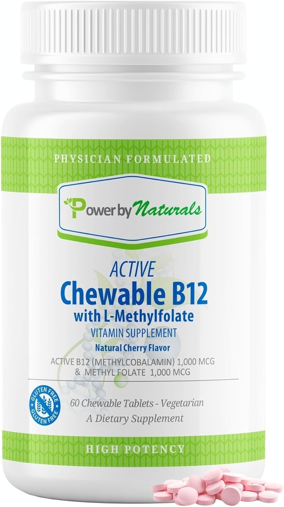 Power by Naturals Active Chewable Méthylated B12 avec supplément de l-méthyl folate pour les femmes et les hommes, Saveur de cerise, 60 comprimés