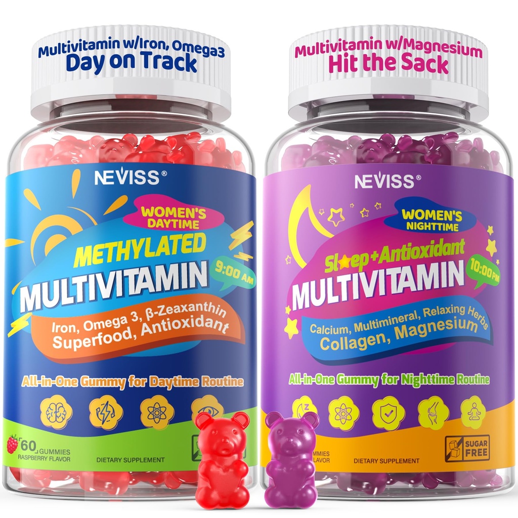 NEVISS 52-in-1 Multivitamine méthylée pour les femmes Gommies avec fer, Omega-3, B6 B9 B12 pour le jour.