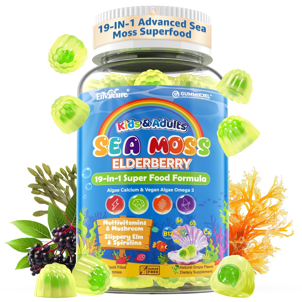 Mousse de mer + Gommies de mûrier pour enfants et adultes, 19-IN-1 Super nourriture avec Spiruline, Algae Omega 3, Algae Calcium, Ashwagandha, Champignon, Vitamines D3, C pour Immune, Gut, Os, Énergie, Cerveau, Vegan 60Cts