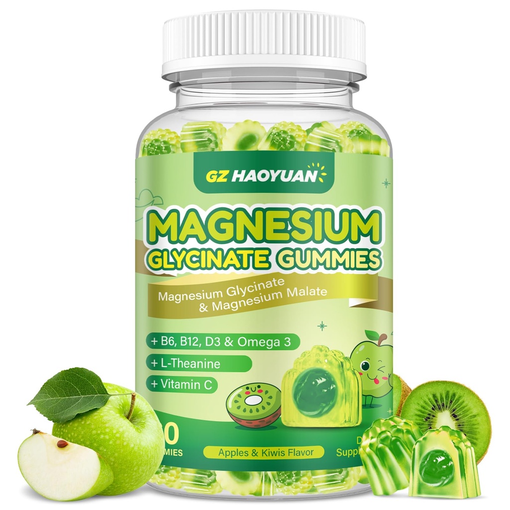 Glycinat de magnésium pour les enfants et les adultes - Sans sucre Malate de magnésium avec L-Theanine, Oméga-3, Vitamine D3, B6, B12, C- Sommeil, Calme, Relaxation, Cerveau, Os, Pommes vertes et Kiwi,60ct