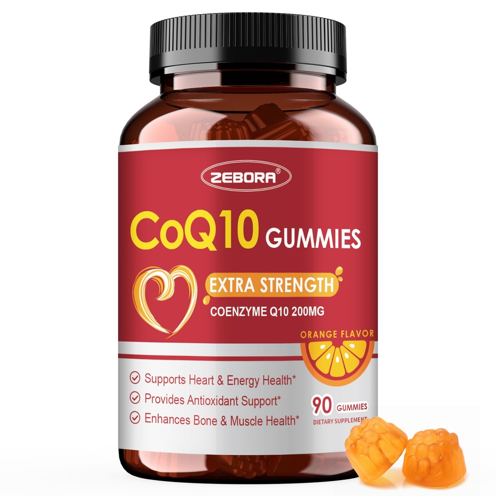 ZEBORA CoQ10 200mg Gommies, compléments de Coenzyme à haute absorption Q10 avec Oméga-3, Soutien du cœur et de l'énergie, puissant antioxydant, saveur orange, 90 Gommies