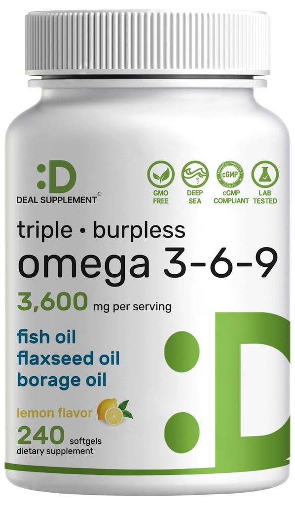 Triple Omega 3-6-9 Suppléments à l'huile de poisson 3600mg – 240 Softgels avec complexe d'huile de lin et d'huiles de fourrage – High EPA + DHA – pilules sans Burpless, aromatisées au citron, prises sauvages – soutien cardiaque, articulaire et cérébral