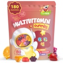 Gummies multivitamines pour enfants 180 Compte - Eye, Cerveau & Gut Support - Vitamines sans sucre pour les enfants - avec lutéine, oméga-3 DHA et prébiotiques - 3 arômes de fruits - 2 ans et plus