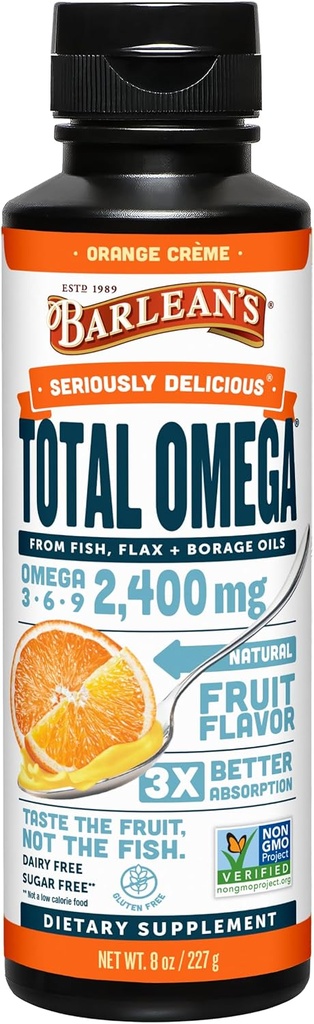 Barlean's Total Omega 3 6 9 Supplément d'huile de poisson liquide de crème orange avec de l'huile de bore et de lin, 2 400 mg d'Omégas EPA et DHA Plus GLA pour la santé articulaire et cardiaque, 8 oz