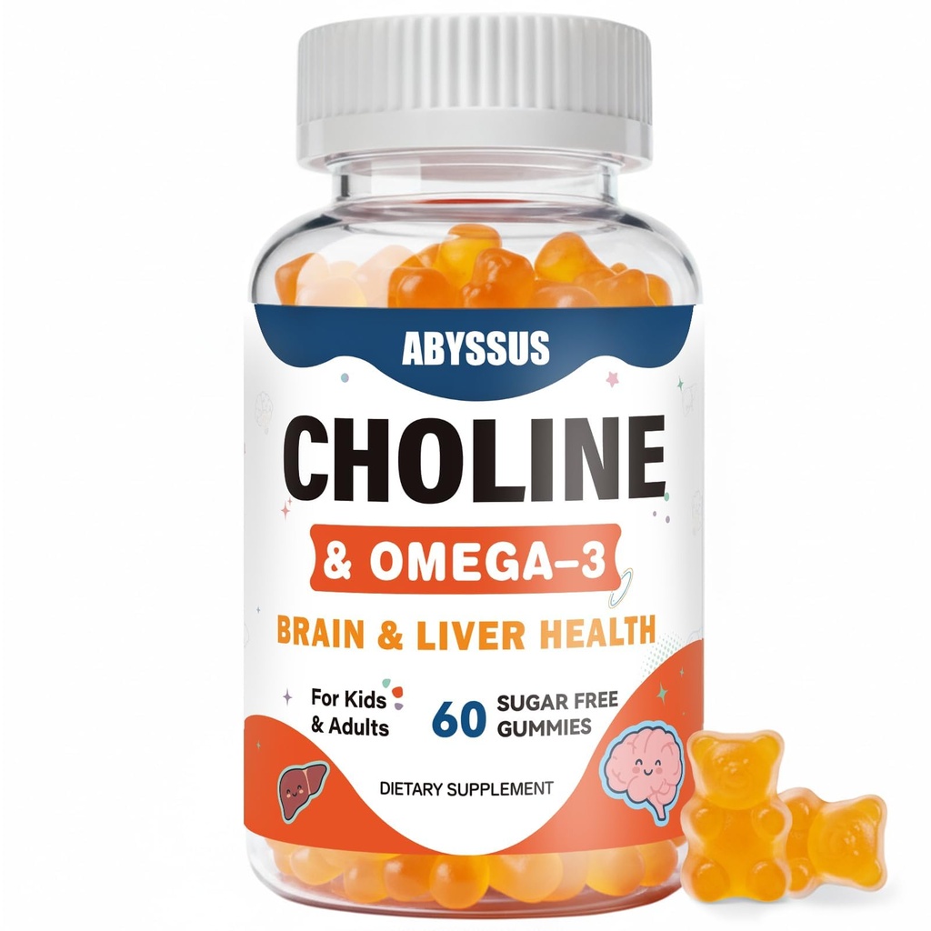 ABYSSUS Gommies Choline pour les enfants et les adultes, Suppléments de bitartrate sans sucre avec Oméga-3 Algal DHA EPA et B6 B12 actif, Soutien du cerveau et du foie, Vegan, 60 comte