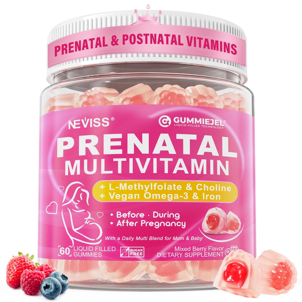Vitamines prénatales pour les femmes Gommies multivitamines avec et après la grossesse, Choline Omega-3(DHA+EPA) Fer, Vitamines postnatales pour les femmes Allaitement.