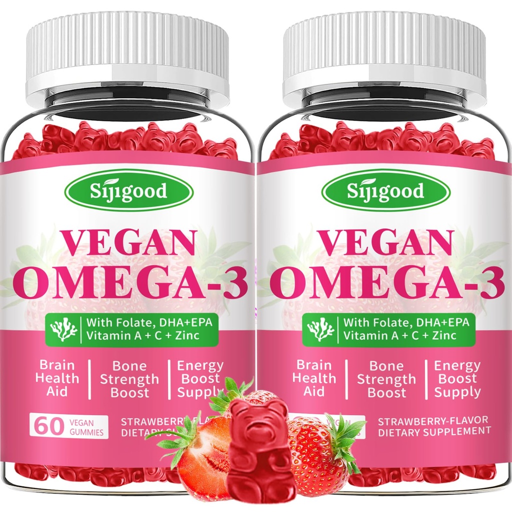 Omega-3 Gummies Potent Algae Omega Source, Boost Brain, Eye & Immune Function, with DHA and EPA Vegan & Sugar Free, Strawberry Flavor, 120 Count