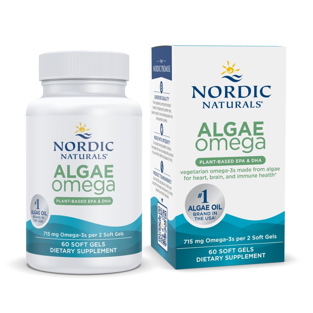 Nordic Naturals Algae Omega - 60 gels mous - 715 mg Omega-3 - Huile d'algue végétalienne certifiée - EPA et DHA à base végétale - Santé du coeur, des yeux, des immunes et du cerveau - Non-OGM - 30 portions