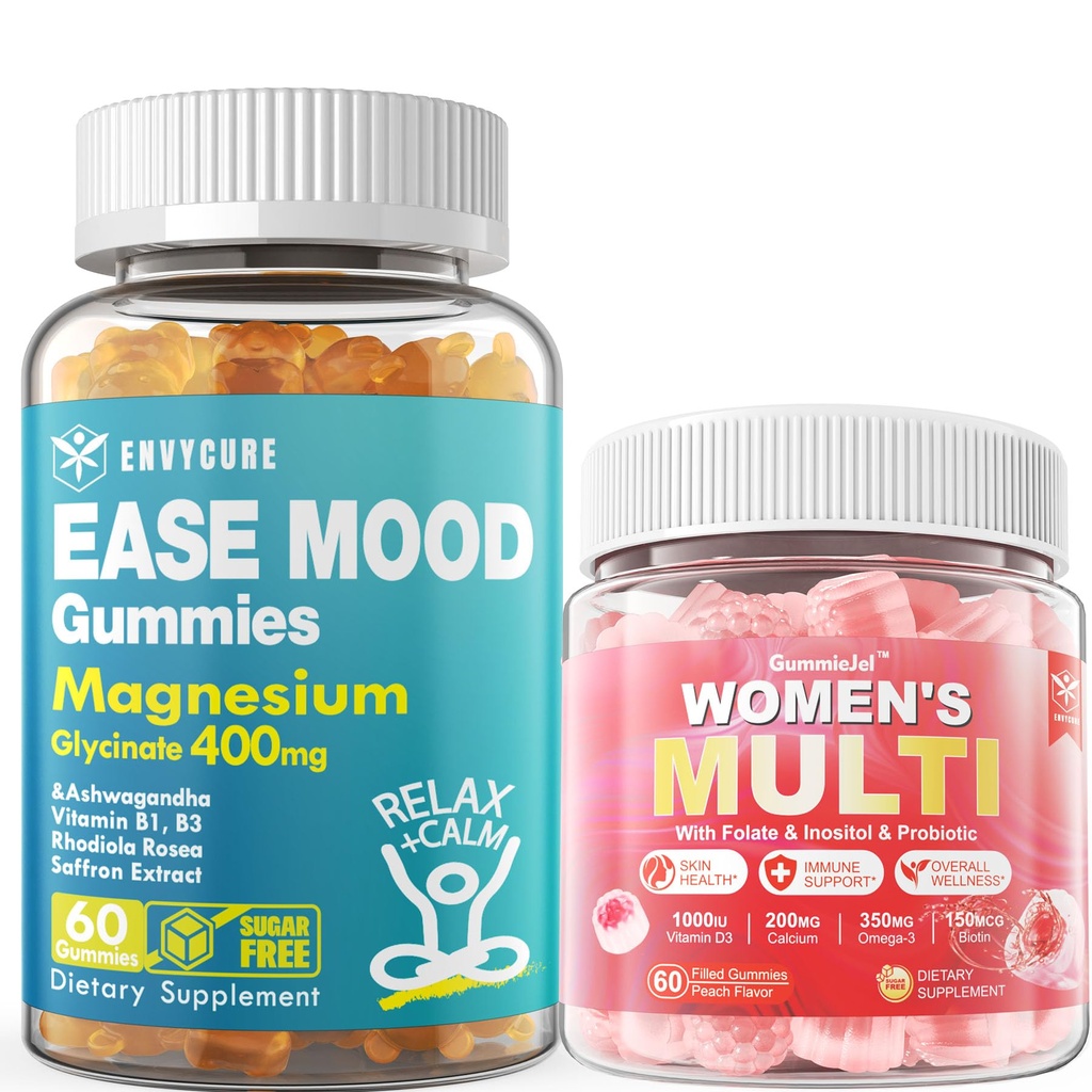 Sans sucre Glycinat de magnésium Gommies 400mg avec Ashwagandha + femmes Multivitamine Gommies w Oméga-3, Calcium, enzymes et probiotique