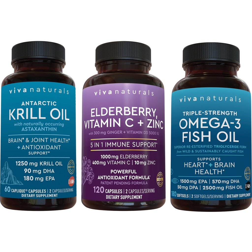 1250 mg d'huile de krill antarctique, de vitamine C et de zinc de la mûre aînée et 2 500 mg d'huile de poisson Triple-Strength Omega 3 Fournissant Omega 3 EPA et DHA, Elderberry pour le soutien immunitaire