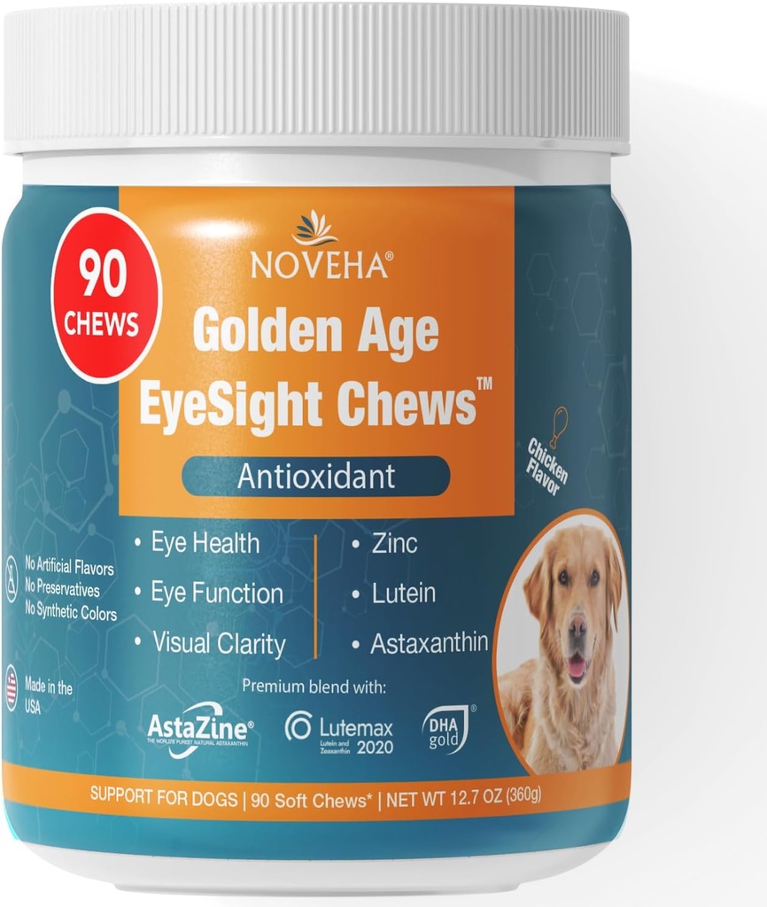 Supplément pour les yeux NOVEHA pour chiens (90 Chews)- Support de vision avec lutéine + vitamine C et astaxanthine antioxydants - Vitamines pour chiens pour les yeux + huile de poisson pour Omega 3 EPA - Fabriqué aux États-Unis