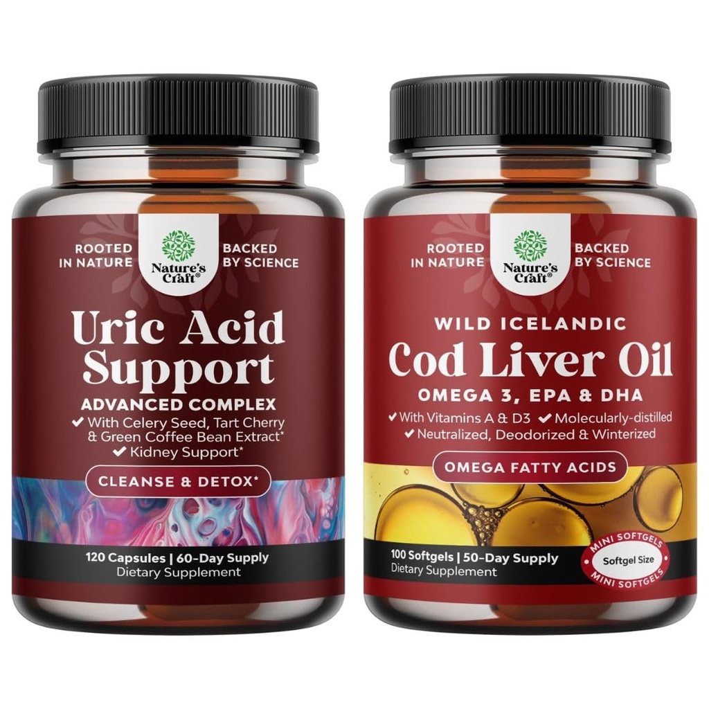Ensemble d'extrait de haricot de café vert pour le nettoyage de l'acide urique - Cerise de tartmère et graines de céleri et d'huile de foie de morue sauvage islandaise - Poisson Omega 3 EPA DHA Vitamine D & A 1000mg par portion