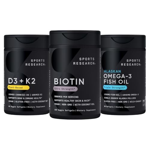 Sports Research® Healthy Hair Pack - Biotine 5 000mcg à l'huile de coco biologique + Vitamine végétale D 5000iu & Mk7 Vitamine K 100mcg + Oméga-3 Huile de poisson 1250