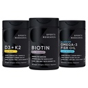 Sports Research® Healthy Hair Pack - Biotine 5 000mcg à l'huile de coco biologique + Vitamine végétale D 5000iu & Mk7 Vitamine K 100mcg + Oméga-3 Huile de poisson 1250