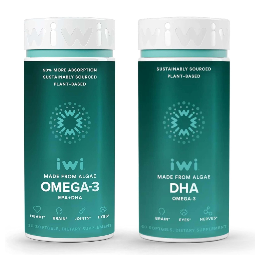 Iwi Omega-3 et DHA Omega-3 Bundle, 30 portions, Algae Omega à base végétale végétalienne 3, Krill & Fish Oil Alternative, Aucun arrière-goût de poisson