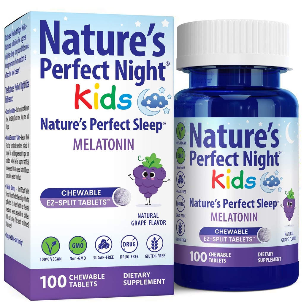 Nature's Perfect Night Kids (en anglais seulement) Enfants Melatonin 1mg (en anglais seulement) 100 comprimés à croquer (en anglais seulement) Saveur naturelle de raisin (en anglais seulement) Sans sucre (en anglais seulement) Sans gluten (en anglais seulement) Sans drogue Taille de la valeur