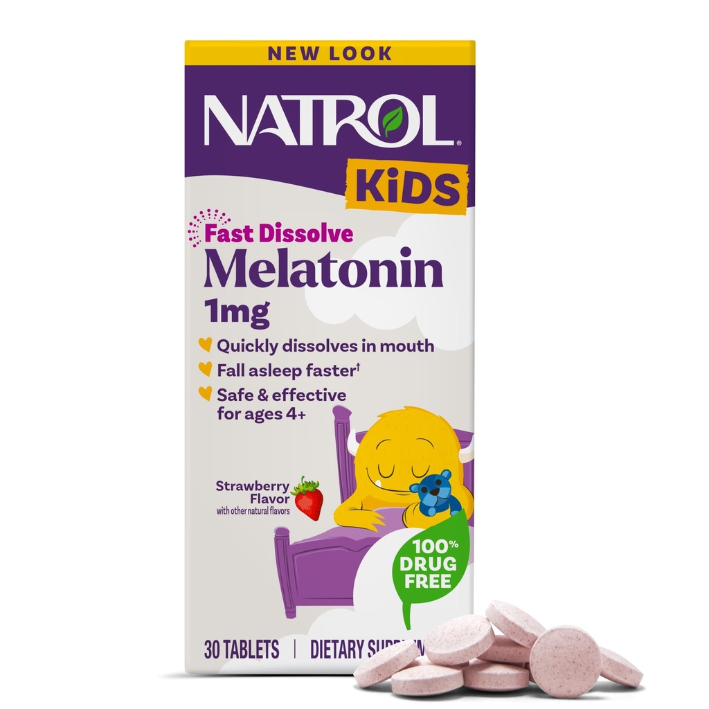 Natrol Kids rapide Dissolve Melatonin 1 mg, complément alimentaire pour le sommeil reposant, comprimés de sommeil pour les enfants, 30 comprimés de mélatonine aromatisés aux fraises, 30 jours d'approvisionnement