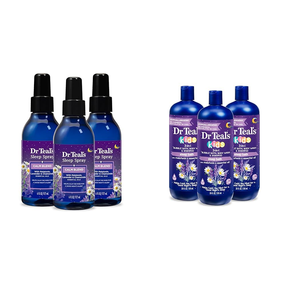 Spray de sommeil du Dr Teal avec mélange de mélatonine et d'huile essentielle, 6 fl oz (paquet de 3) et les enfants 3-en-1 bain de sommeil: bain bulle, lavage du corps et shampooing avec mélatonine et huile essentielle, 20 fl oz (paquet de 3)