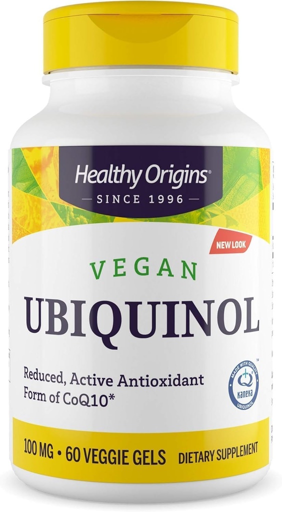 Origines saines Ubiquinol végétalien (forme active de CoQ10), 100 mg - Suppléments Ubiquinol Kaneka pour la santé cardiaque et le soutien antioxydant - Supplément sans gluten et sans OGM - 60 Gels de légumes