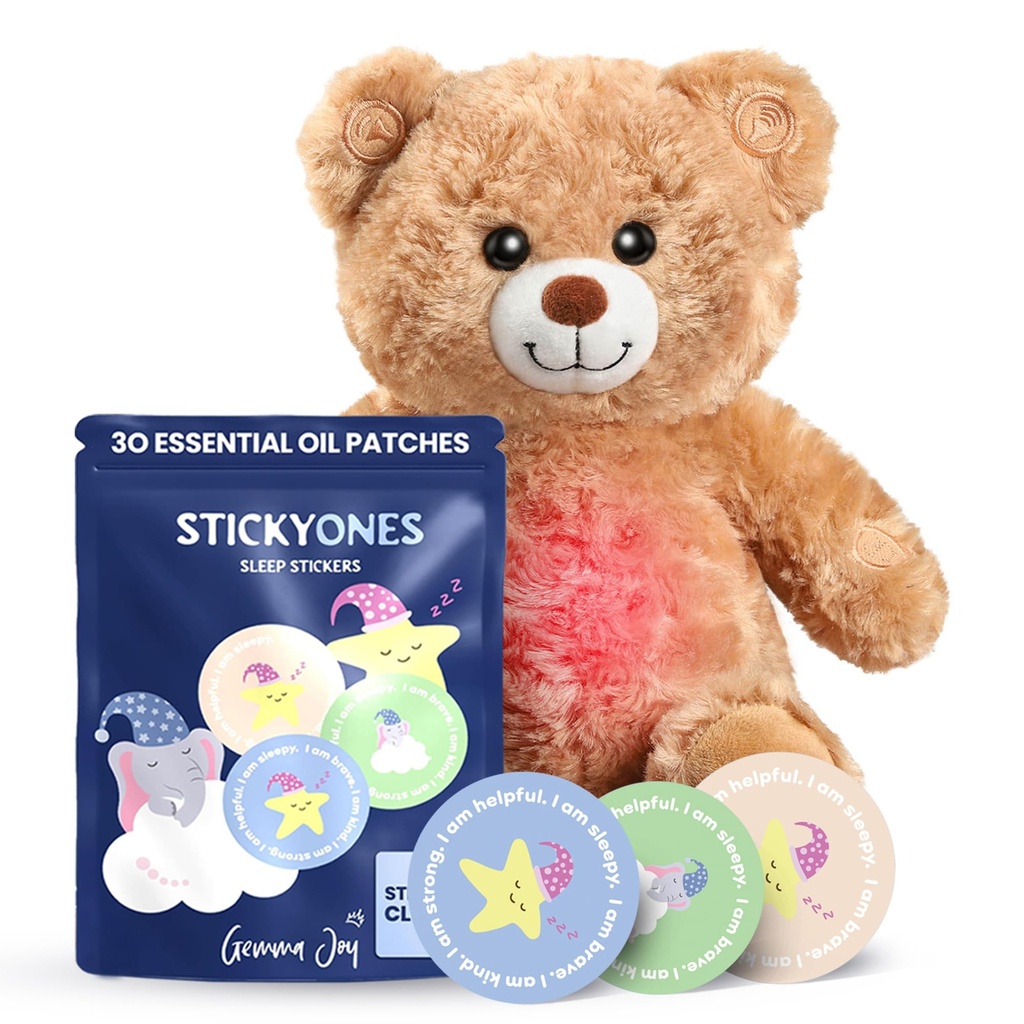 Gemma Joy Sleep Bundle – Baby Sleep Sother Teddy Bear avec Cry Actived Heartbeat & Kids Sleep Patchs (30 Pack) avec Sandalwood, Camomile & Lavender – Aide au sommeil sans mélatonine