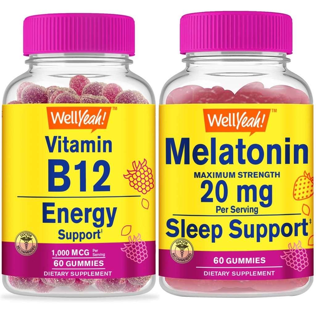 Eh bien oui Vitamine B12 1000mcg + Mélatonine 20mg, Gommies Bundle - Grande dégustation, supplément de vitamine, sans gluten, sans OGM, gommy à croquer