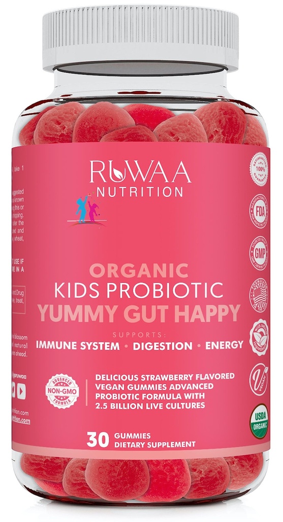 RUWAA NUTRIITION Enfants Gommies bio probiotiques pour la santé digestive, Immune Support, Constipation, Bloating. 2,5 milliards d'UFC, goût de fraise, probiotiques à croquer pour les enfants de 4 à 30 ans (1)