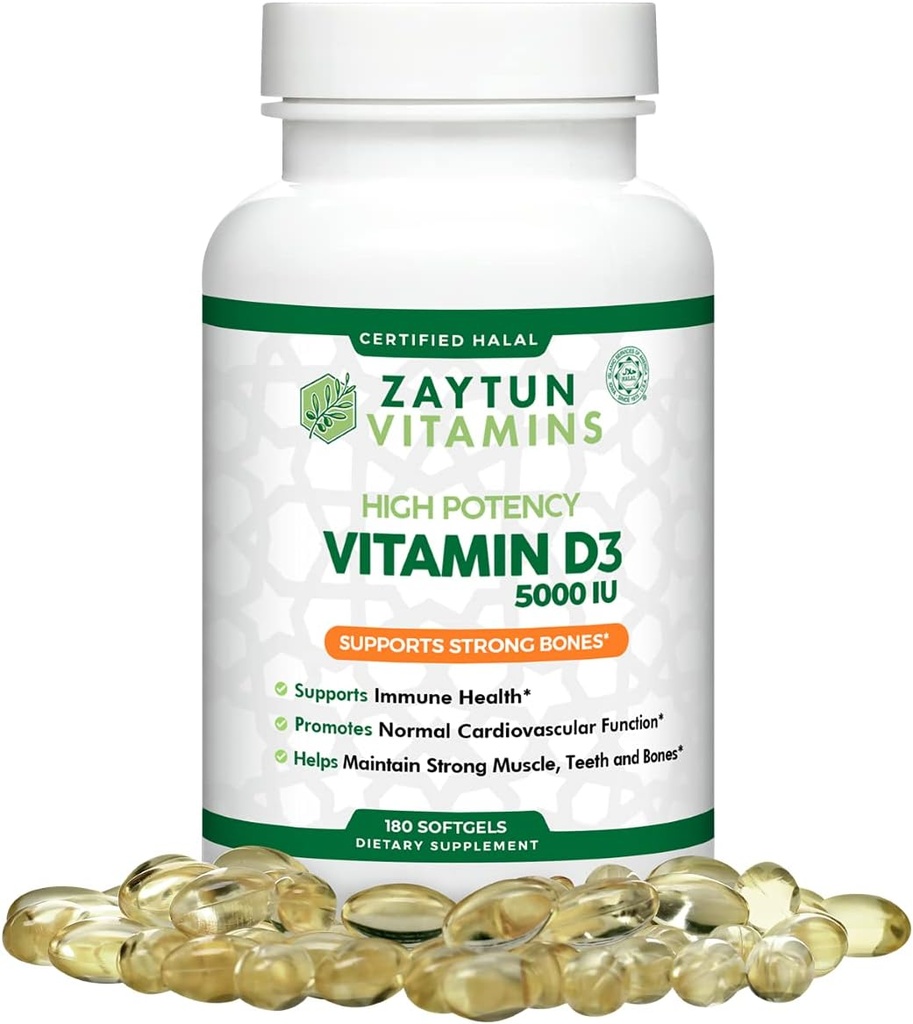 Zaytun halal vitamine D3 5000 UI, 180 mini softgels, soutient les os, la fonction musculaire saine et immunitaire, la vitamine D Premium de l'huile de carthame, 6 mois d'approvisionnement, non-OGM, sans gluten, fabriqués aux États-Unis