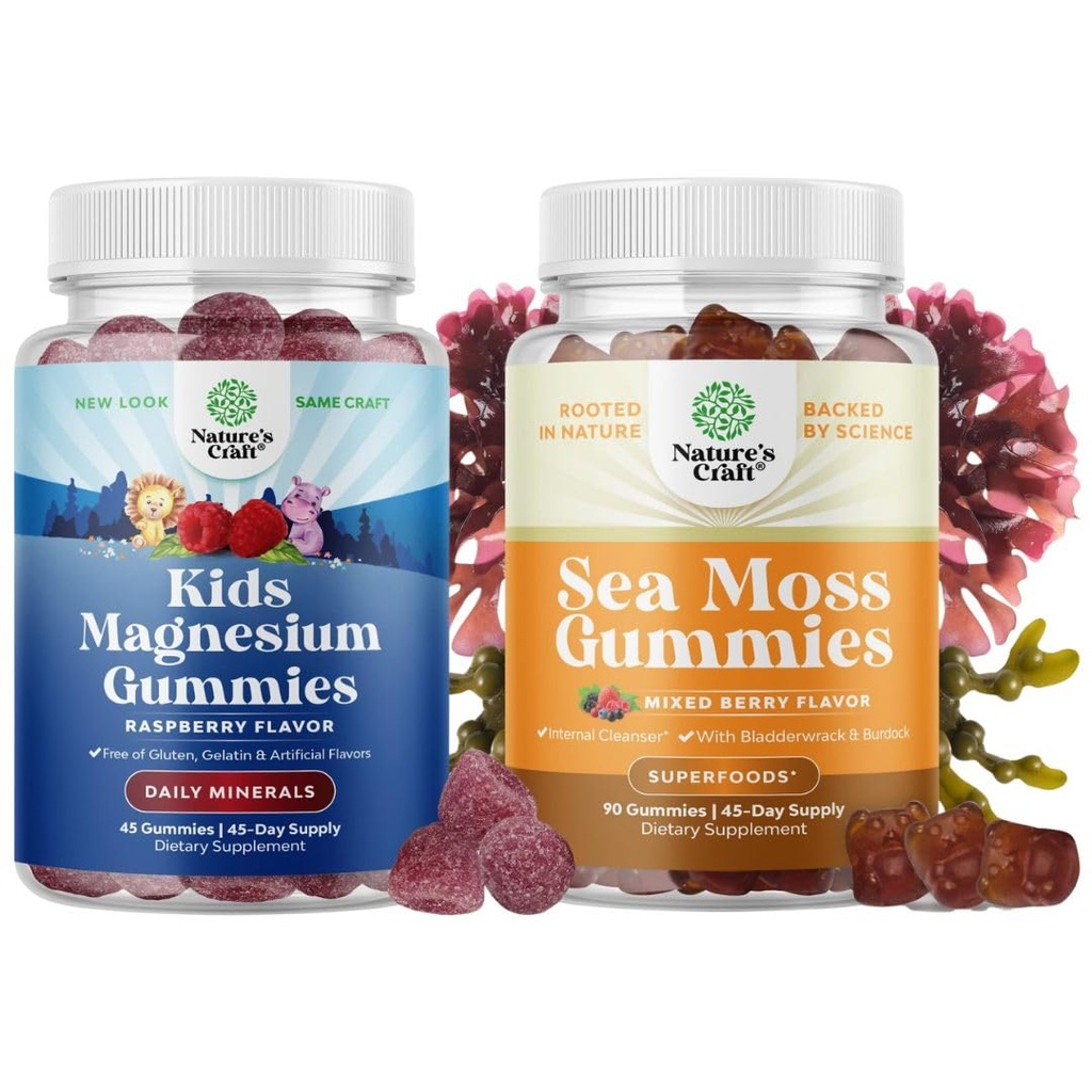 Bundle of Kids Magnésium Gummies - Calme Relaxing Mg Citrate avec framboise Flavor pour Nerve Health Muscles & Heart Support et Irish Sea Moss Gummies avec Irish Sea Moss, Bladderwrack & Burdock Root