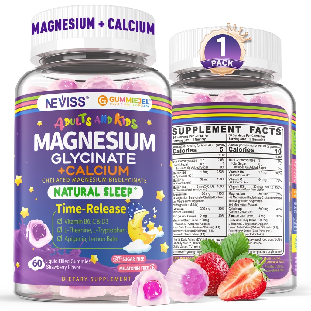 Nevis Glycinate de magnésium + Gommies de calcium pour adultes et enfants 4+, Gommies de sommeil pour enfants Sans mélatonine, Supplément de magnésium sans sucre avec B6 D3, L-Theanine pour Zzz & Relax, Cerveau, Os, Muscle