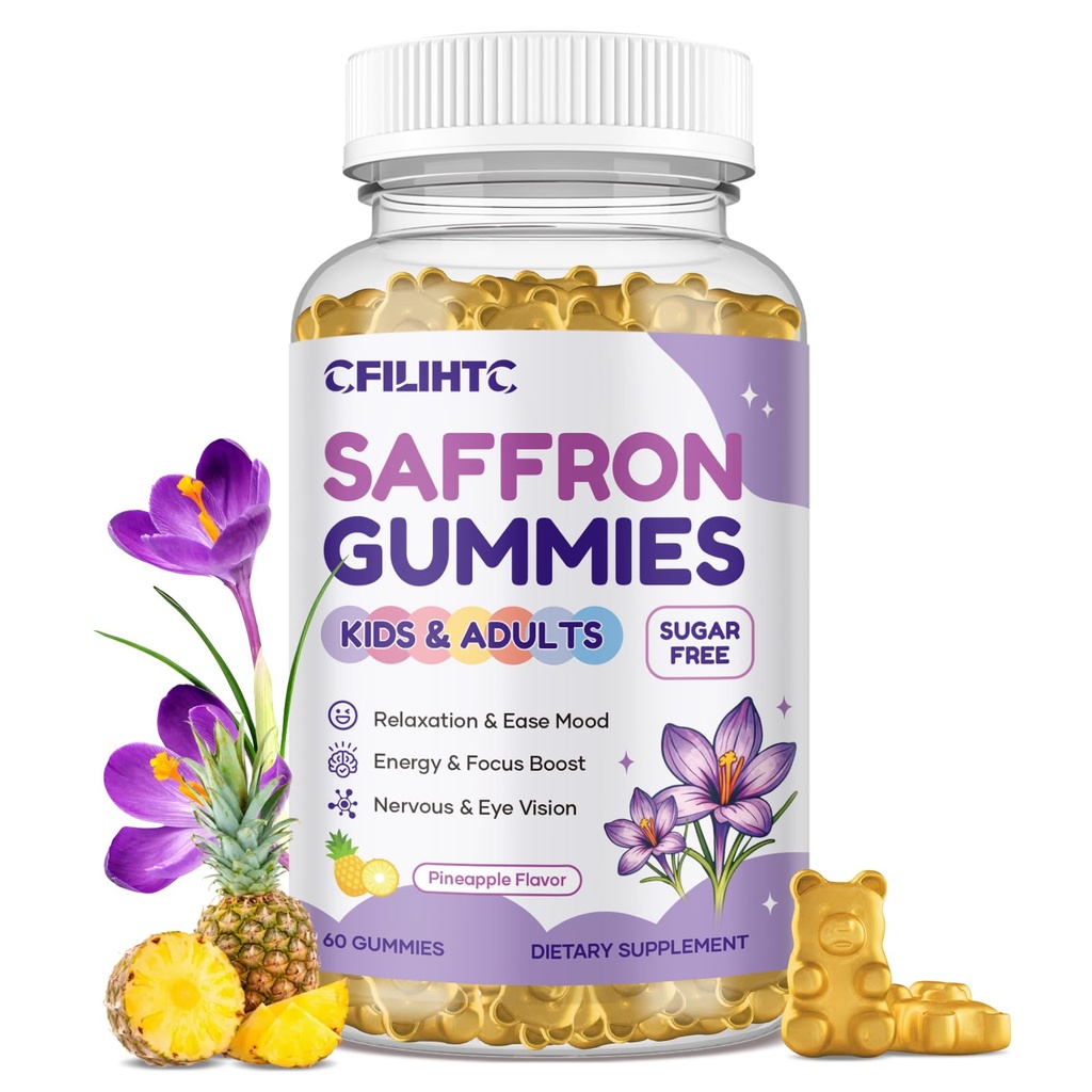 Gommies de safran pour enfants et adultes, Suppléments de safran 20-en-1 avec 88,5mg Extrait de safran, B6, B12, C, D3, Magnésium pour calme, Focus, Nerve, Sans sucre, Vegan, Non-OGM - Arôme d'ananas, 60 comtes