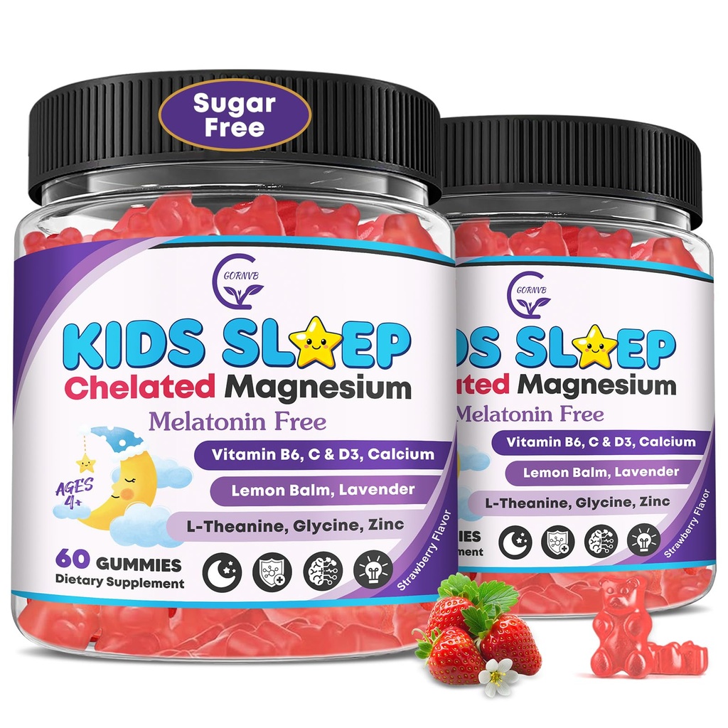 Gummies de sommeil pour enfants, NO Mélatonine Aide au sommeil Gummies w/ Magnésium Glycinate, Citrate de calcium, L-Theanine, GABA, Vitamine D3 K2 B6 Zinc, Camomille et Lemon Baume pour Zzz & Relax, Cerveau, Os, Non-GMO 2Pack