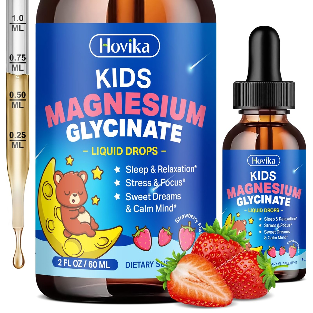 Magnésium Glycinat liquide pour les enfants - avec L-Theanine Omega-3, vitamine B6, D3, Zinc - Enfants gouttes de magnésium pour le sommeil, la relaxation, le calme et la concentration - 2 Fl Oz, fraise parfumée