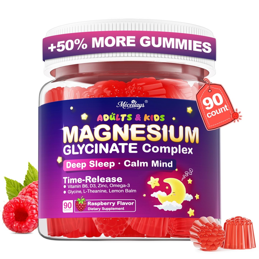 Magnésium Glycinate Gommies pour enfants 4+ & Adultes, 90 Compte Non Mélatonine Magnésium Gommies pour le sommeil et le calme, Vegan sans sucre avec Glycine, L-Theanine, B6, D3, Zinc et Omega 3 - Arôme framboise