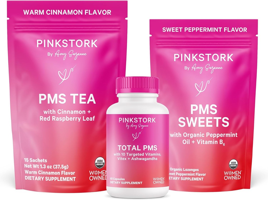 Pink Stork PMS Support Trio: Suppléments de secours pour la période, Thé à la cannelle, + Sucres à la menthe poivrée, Soutien menstruel, Kit de première période, Hormone Balance for Healthy Menstrual Cycle, Femme-Owned