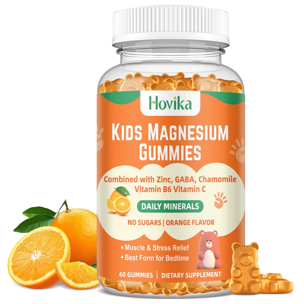 Magnésium Glycinat Gommies pour enfants: Supplément de magnésium calme pour enfants et adultes avec citrate de zinc, GABA, Camomille, Vitamine B6 & C - Sommeil, Relaxation et Focus, Orange Flavor 60 Comte