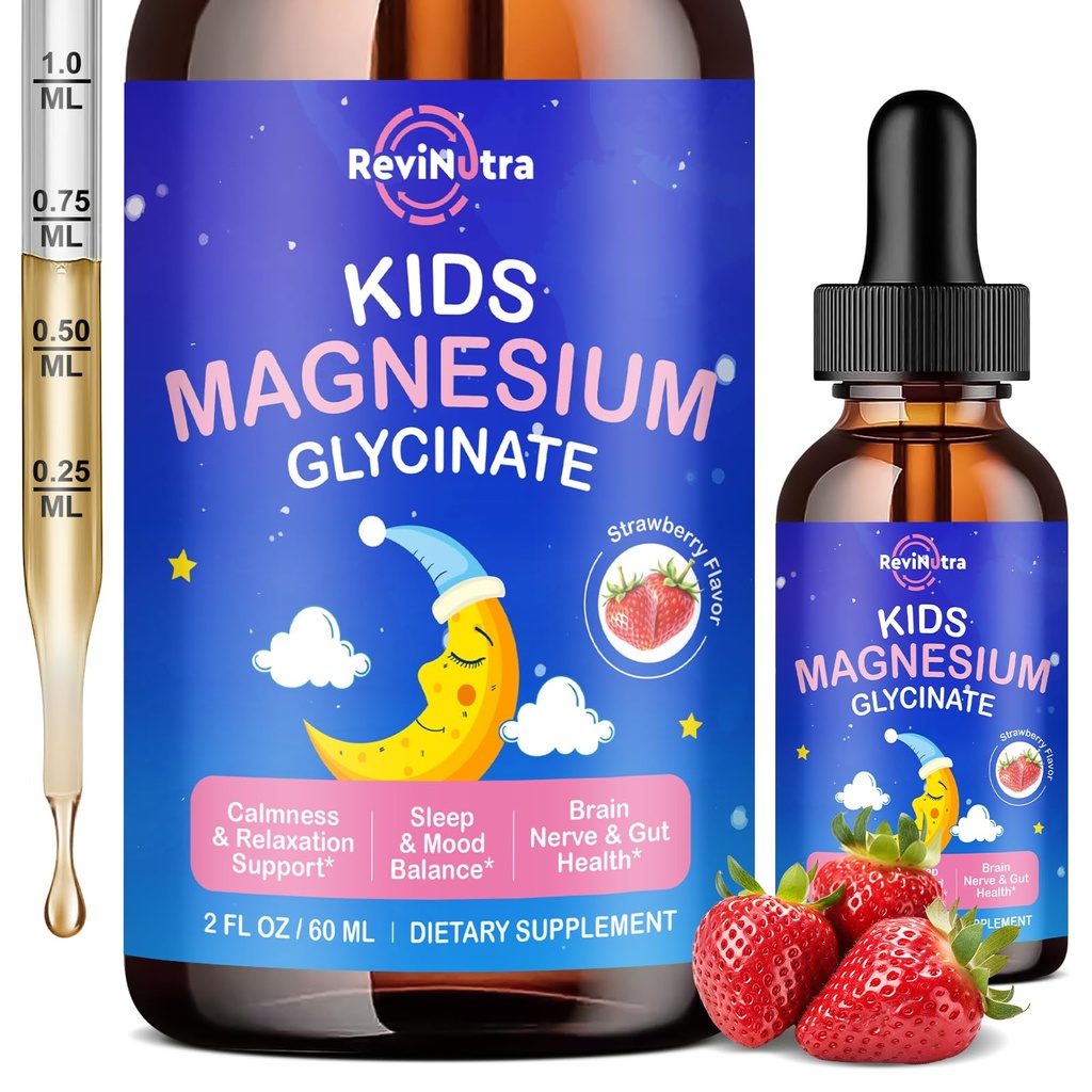 Magnésium Glycinat liquide pour les enfants - Citrate, Malate avec Omega-3, L-Theanine, GABA, Camomille, 5-HTP, D3, Zinc, Enfants gouttes de magnésium pour le sommeil, Calme, Relaxation et Focus, Fraise Flavor, 2 Fl Oz