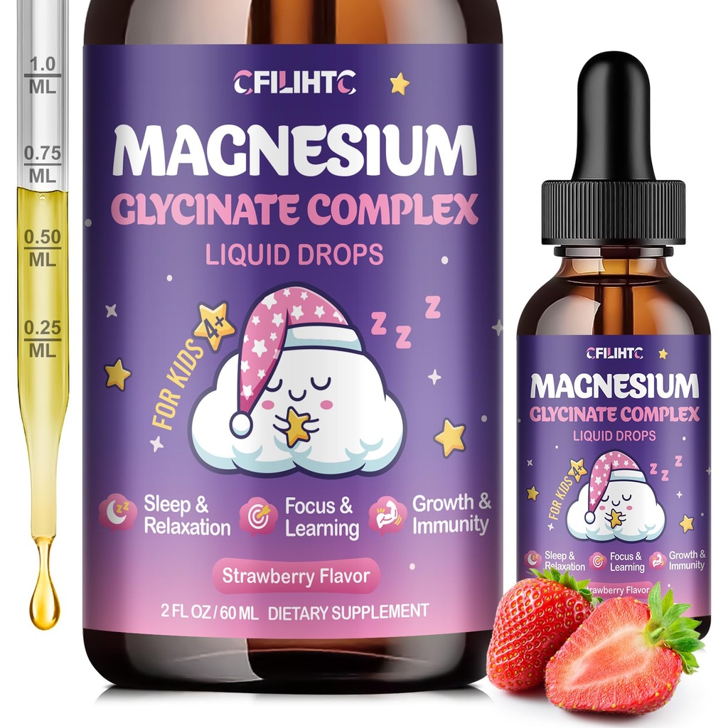 Magnésium Glycinat liquide pour les enfants - Magnesium Bisglycinate gouttes avec L-Theanine, Camomille et vitamine B6, B12, C, D3 pour le sommeil, la relaxation, le soutien immunitaire, Calme et Focus - 2 Fl Oz, Fraise Flavor