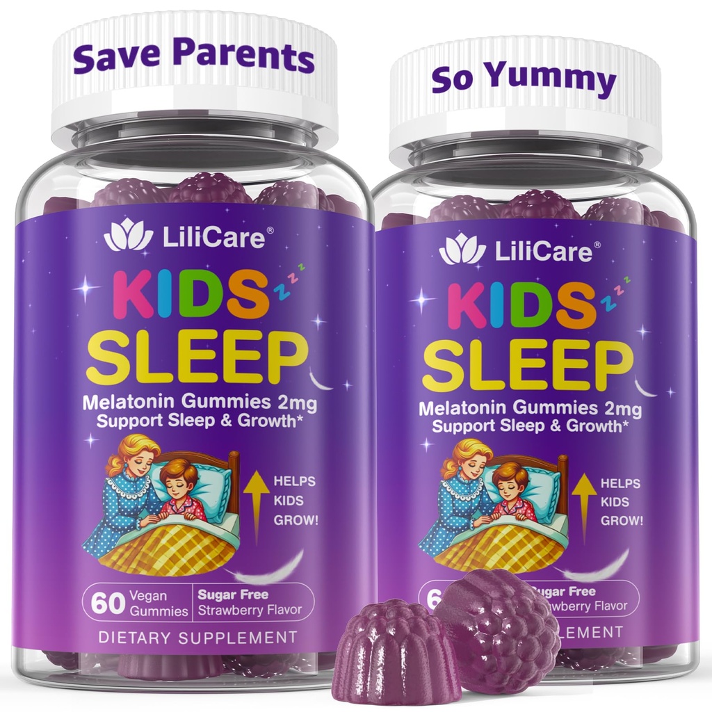 LILICARE Gommies de sommeil pour enfants, Gommies de calcium pour enfants + D3, Aide au sommeil, Gummy pour enfants Ashwagandha, Phosphatidylsérine, L-Theanine pour la concentration cérébrale, Détendez-vous, supplément magique de rêve pour enfants parents, 2Pack