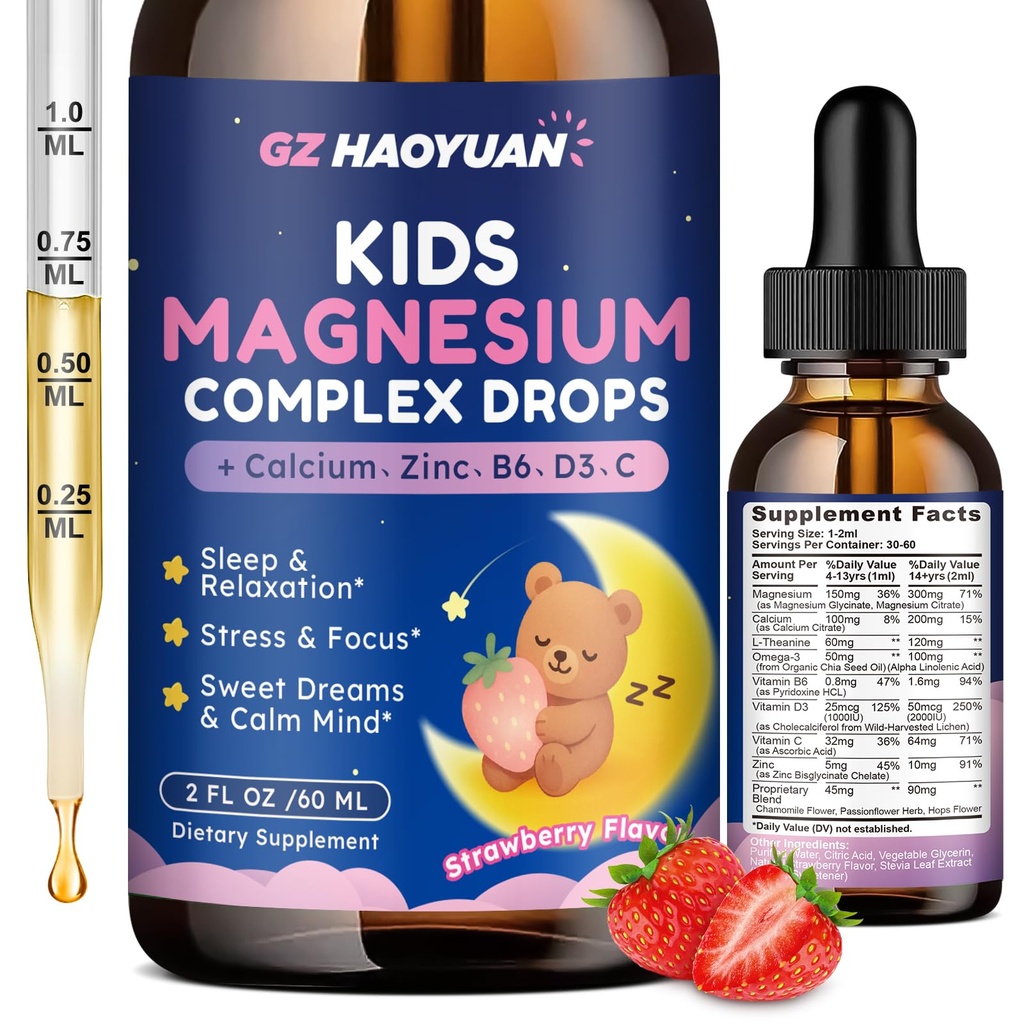 Petites gouttes liquides de magnésium - gouttes de glycine de magnésium pour les enfants, Citrate liquide avec du calcium, Oméga-3, L-théanine, zinc, vitamine B6 D3 C pour le sommeil, relaxation, calme et focus, goût de fraise, 2 Fl Oz