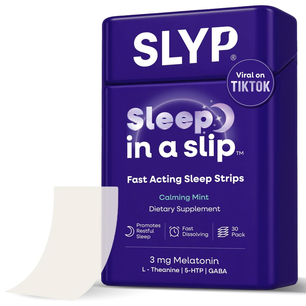 Slyp Strips de sommeil à la menthe orale à dissolution rapide, aide naturelle au sommeil pour les adultes et les enfants avec la mélatonine 3mg, L-Theanine, GABA & 5-HTP pour un support et une alternative au sommeil des pilules et des gommes – 30 bandes