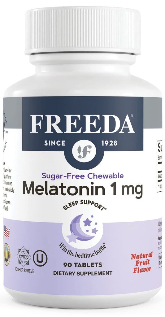 FREEDA Melatonin 1 mg Comprimés à croquer sans sucre – Aide naturelle au sommeil pour les adultes et les enfants de 3 ans et plus – Non-Habit Former, végétalien, sans gluten, casher – Fabriqué aux États-Unis (90 comte)