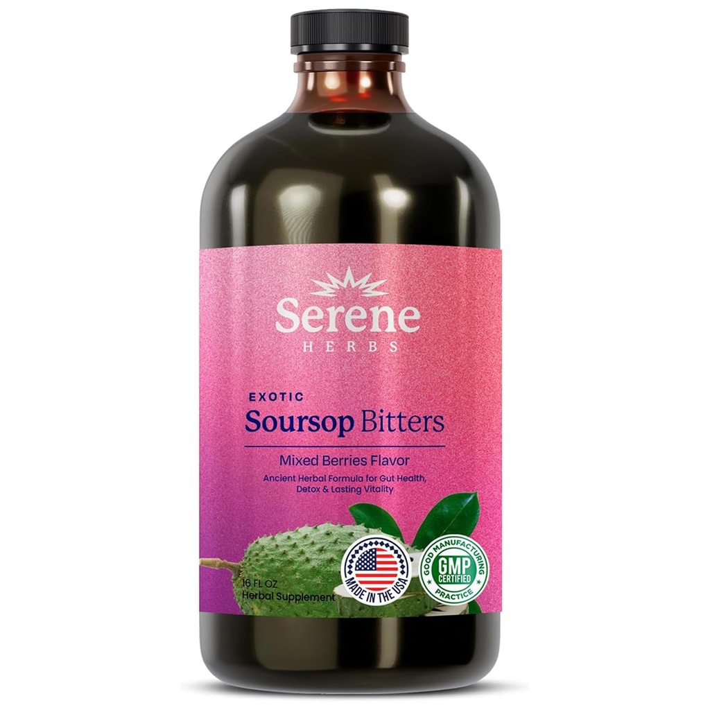 Serene Herbs Soursop Bitters Liquid with Soursop Leaves for Gut Cleanse, Detox & Immune Boost with Black Seed, Moringa, Irish Moss, Ashwaganda, Turmeric, 16 fl oz (16 Fl Oz (paquet de 1), Mixed Berry)
