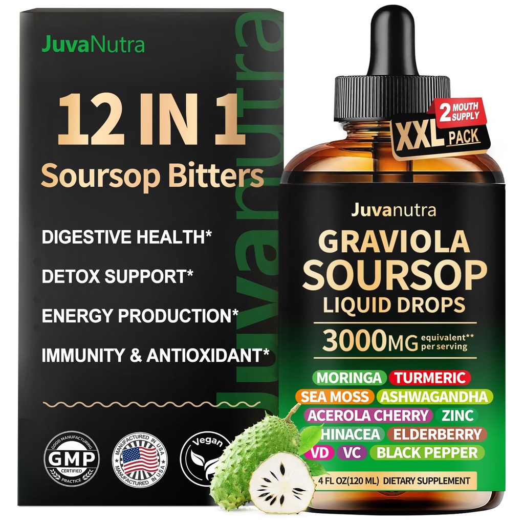 (4 Fl Oz) Soursop Bitters gouttes liquides 12 en 1 avec la mousse de mer, Moringa, Turmeric, Echinacea & Ashwagandha Extract - tonique à base de plantes pour le bien-être digestif et le soutien immunitaire