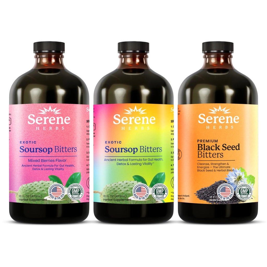 Serene Herbs Sursop Bitters Liquid, Mixed Berries & Black Seed Triple Bundle – Bio Herbal Guanabana pour le soutien digestif et la santé immunitaire – Vegan, Non-OGM – 48 oz (16 oz chacun), 3 Pack