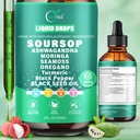 12-en-1 Suersop gouttes liquides 2000mg, Soursop gouttes avec Ashwagandha, Huile de Graine Noire, Moringa, Voir Moss pour l'antioxydant naturel, le soutien cellulaire et la régénération, Immune Boost, riche en vitamine D et C