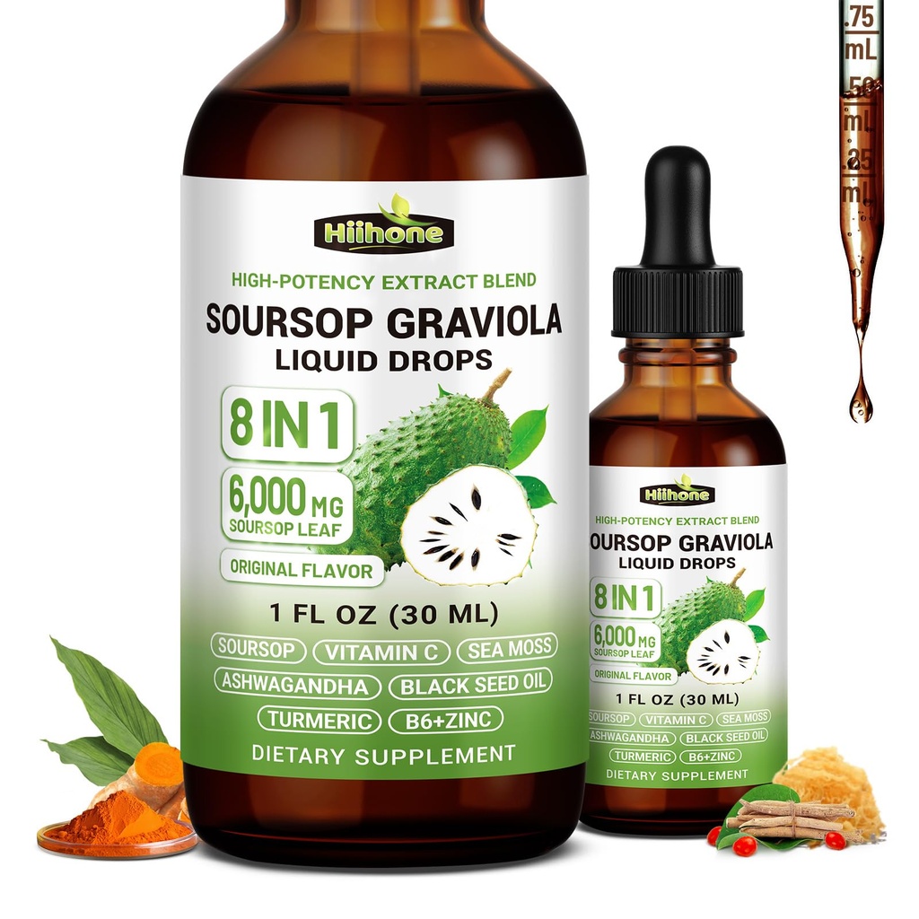 (2 Pack) 8 en 1 Graviola Soursop Leaf Extract Liquid - Soursop Bitters Liquid with Sea Moss, Ashwagandha and Turmeric, pour Immune & Foie, Zzz & Antioxydant & Support cellulaire,1 Fl Oz