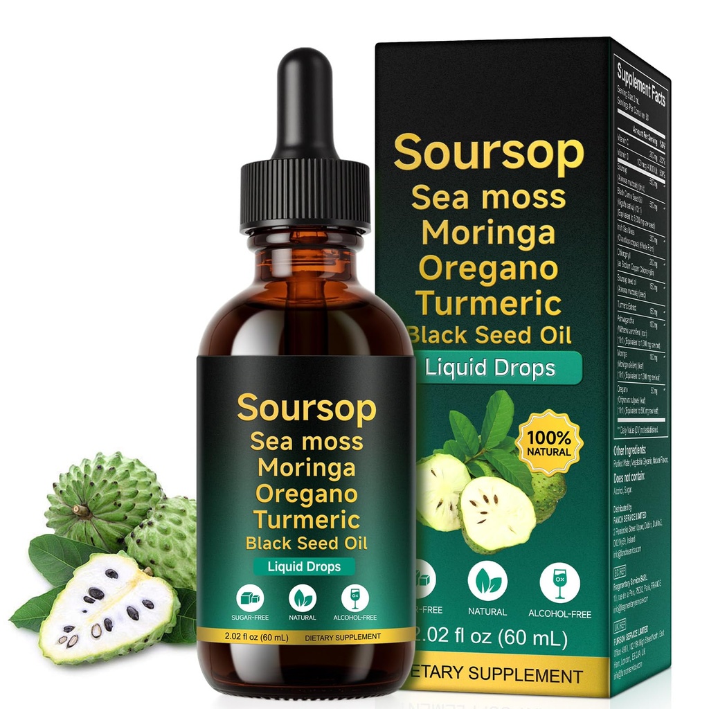 Soursop Bitters Liquid Drops 12-in-1 Complex - 2 Fl Oz.Enrichi en mousse de mer, Moringa, Turmeric & Ashwagandha Extract.