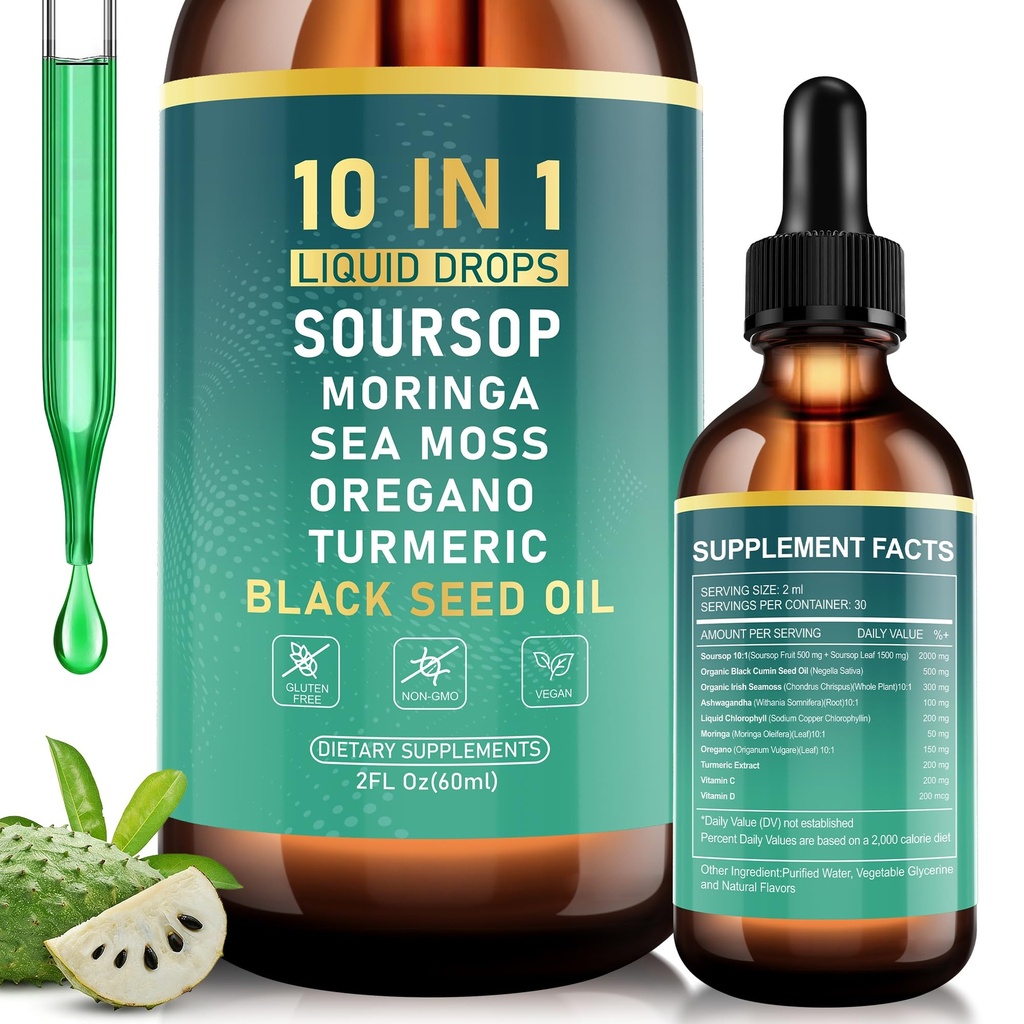 Sursop Bitters gouttes liquides, herbes amères avec extrait de Sursop, Ashwagandha, huile de mousse de mer et de graines noires, formulé pour le bien-être immunitaire, le soutien antioxydant et la digestion saine, 2 FL Oz